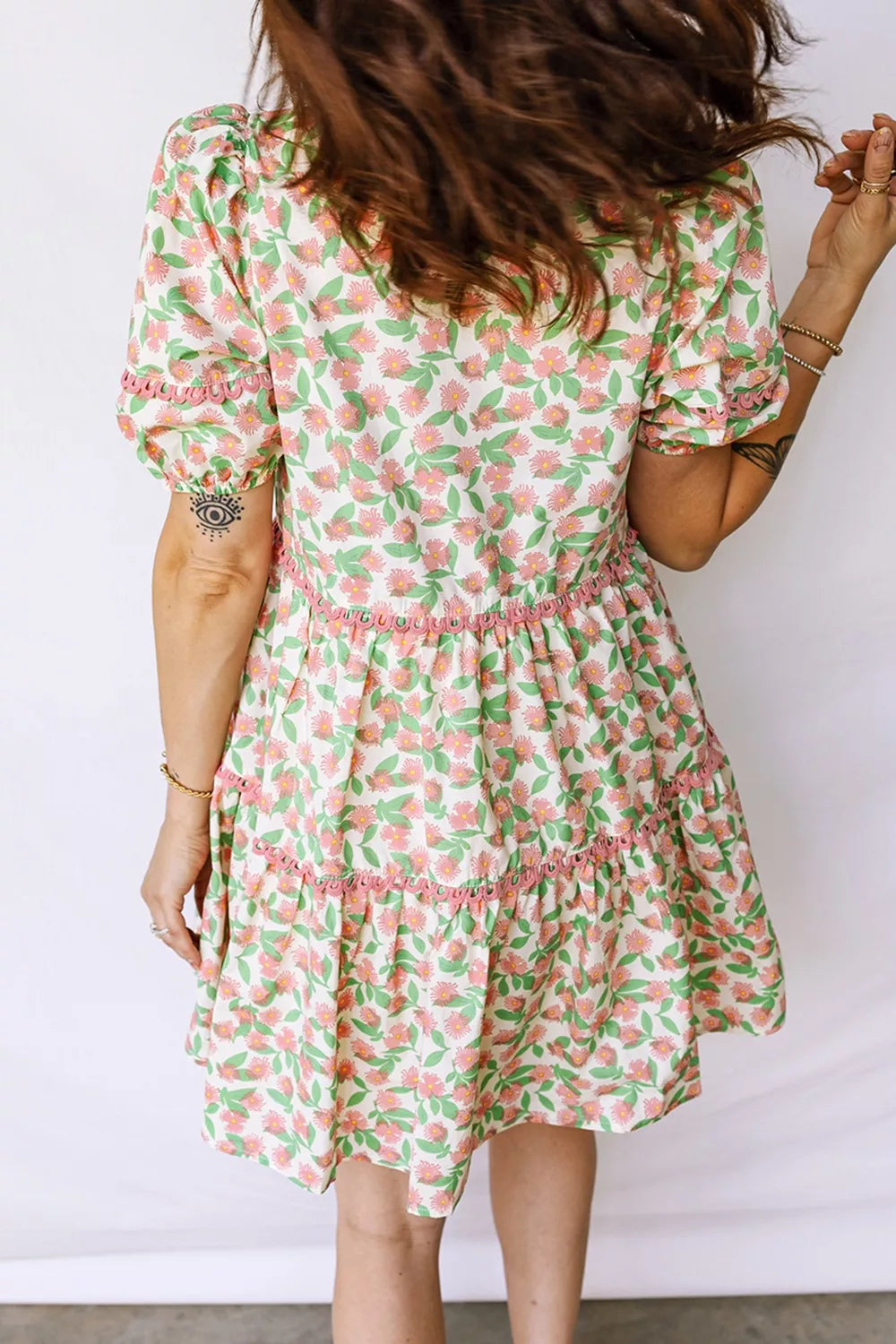 Contrast Neckline Ricrac Trim Floral Short Puff Sleeve Dress Trendsi