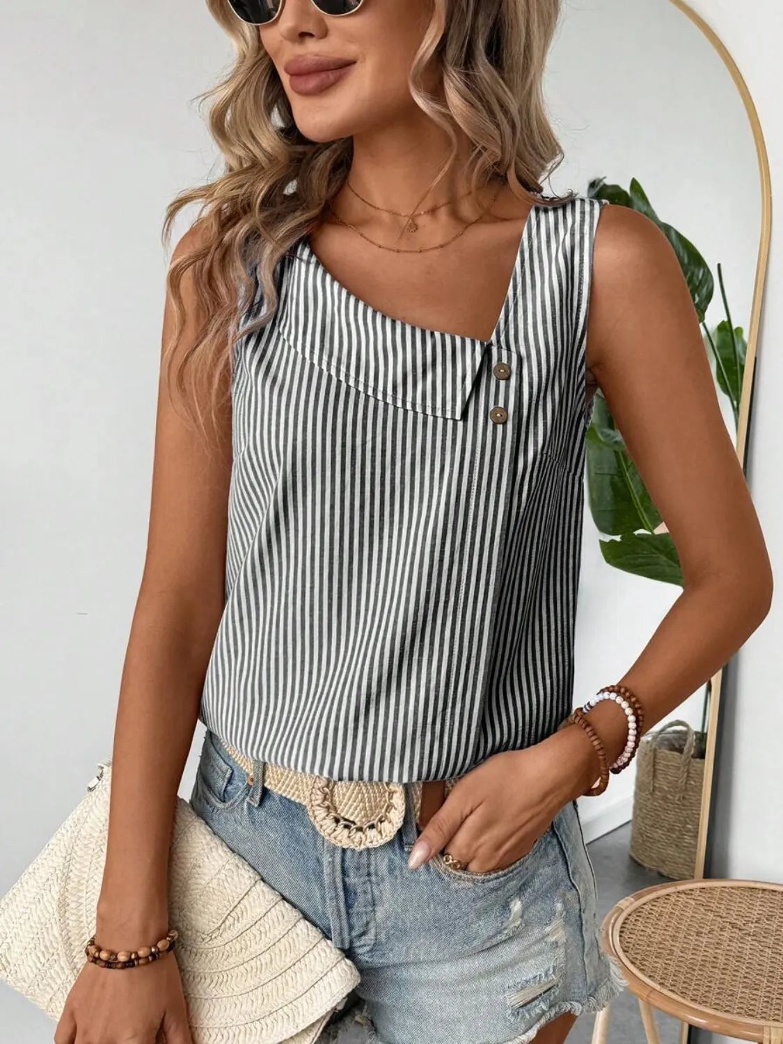 Decorative Button Asymmetrical Striped Tank Dark Gray OutfitFlow