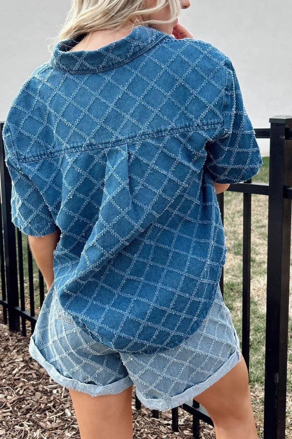 Pocketed Collared Neck Short Sleeve Denim Shirt OutfitFlow