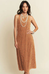 Davi & Dani Golden Textured Zippered Midi Dress OutfitFlow