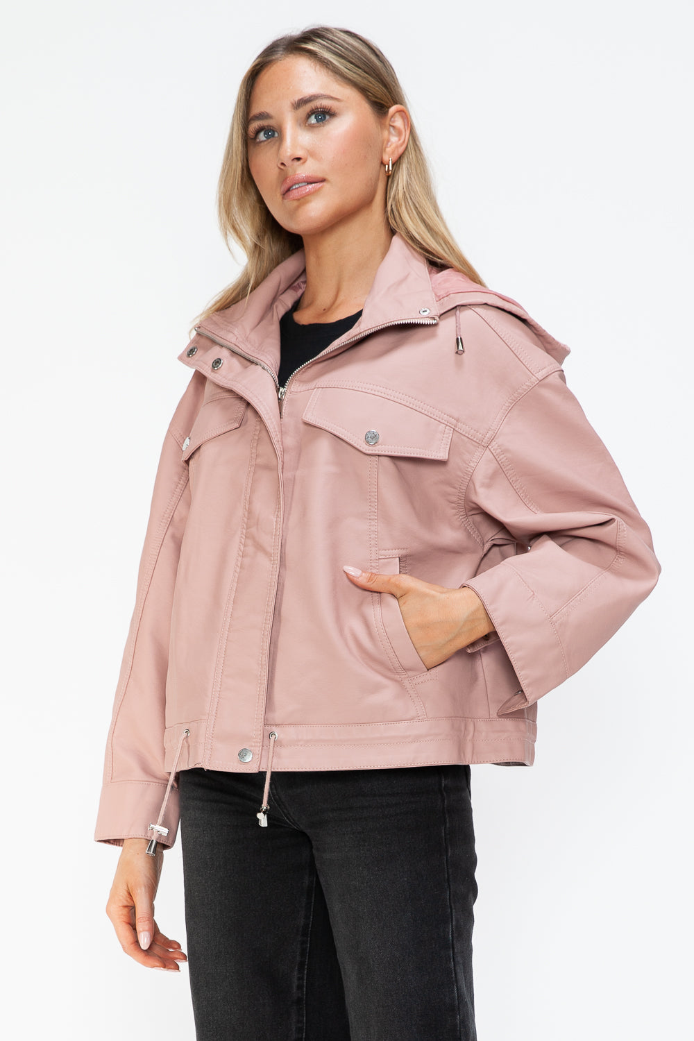 Outfit Flow - How Dare U Drawstring Hem PU Leather Zip Up Jacket