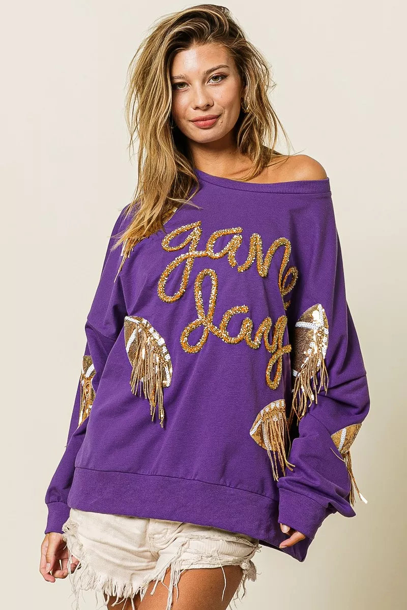 BiBi Sequin Football Patches Game Day Sweatshirt OutfitFlow