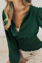 BiBi Smoking Waist Band and Puff Sleeves Deep V Neck Top OutfitFlow