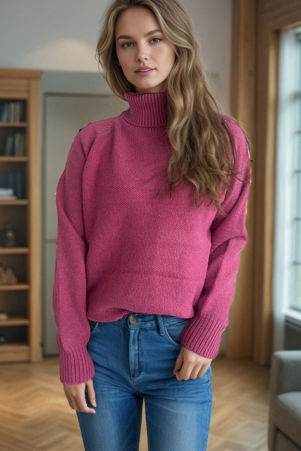 Outfit Flow - Ribbed Turtleneck Raglan Sleeve Sweater