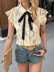 Button Down Ruffled Cap Sleeve Shirt OutfitFlow