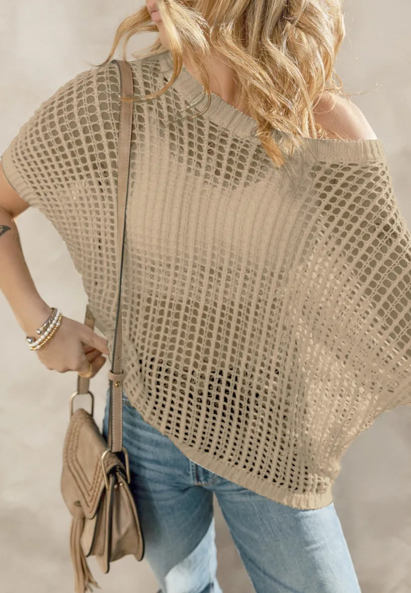 Openwork Round Neck Half Sleeve Knit Cover Up Apricot OutfitFlow