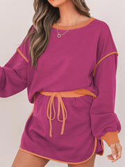 Contrast Trim Long Sleeve Top and Skort Set Cerise OutfitFlow