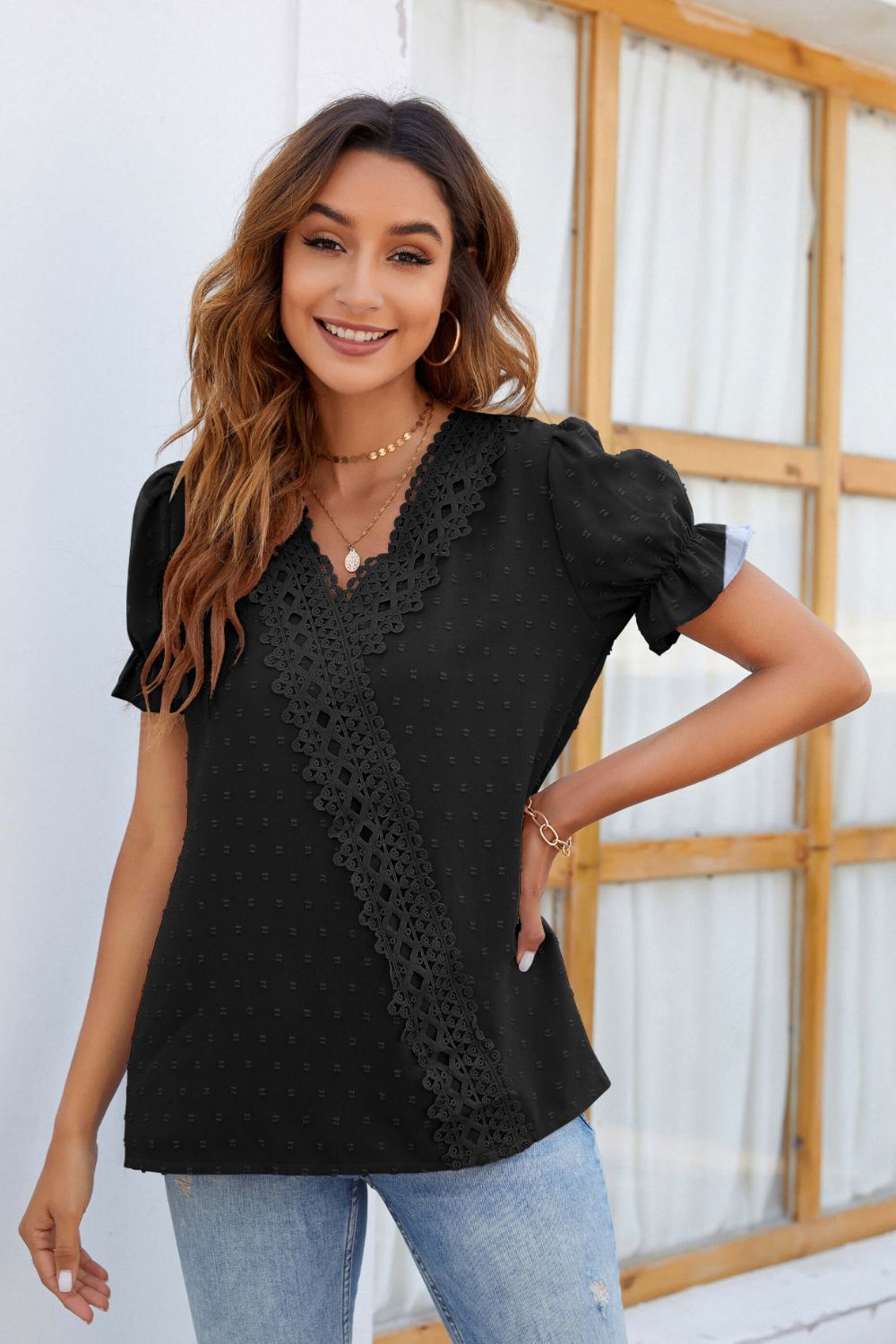 Mandy Swiss Dot Lace Detail V-Neck Short Sleeve Blouse