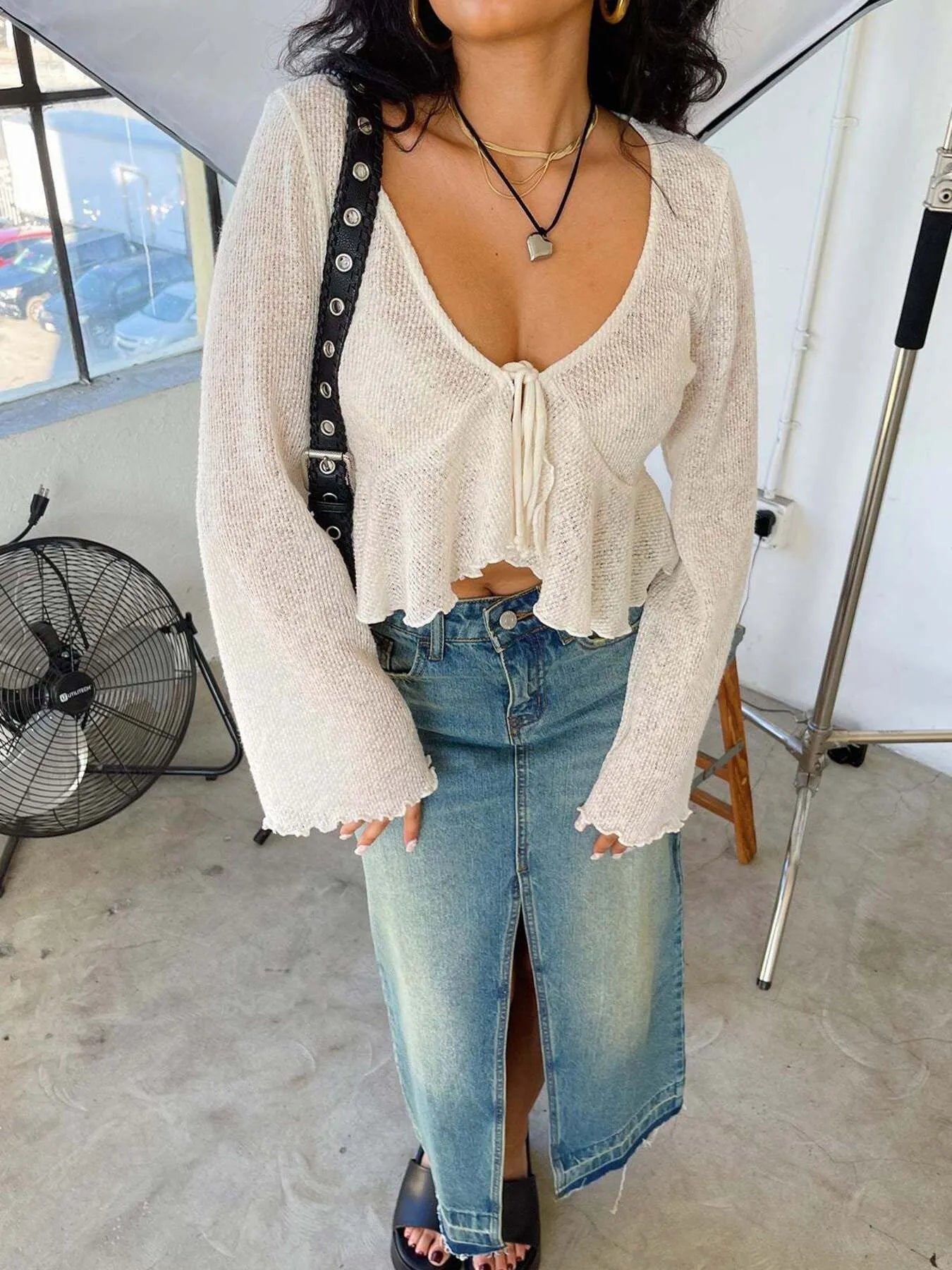 Ruffled Hem Tie-Front Cropped Cardigan OutfitFlow