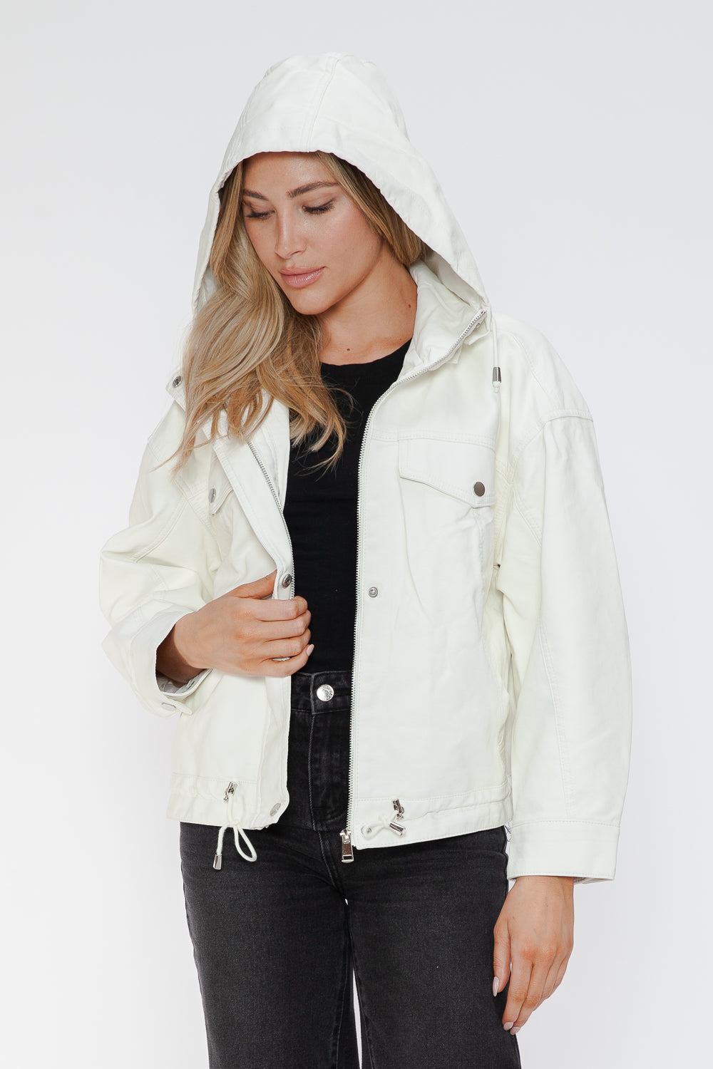 Outfit Flow - How Dare U Drawstring Hem PU Leather Zip Up Jacket