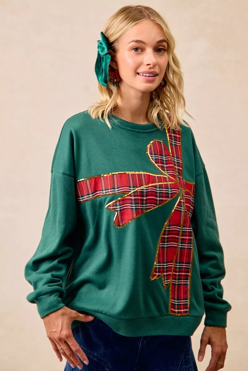 BiBi Plaid Ribbon Bow Detail Christmas Fleece Pullover OutfitFlow