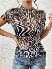 Psychedelic Wave Print Mock Neck T-Shirt OutfitFlow