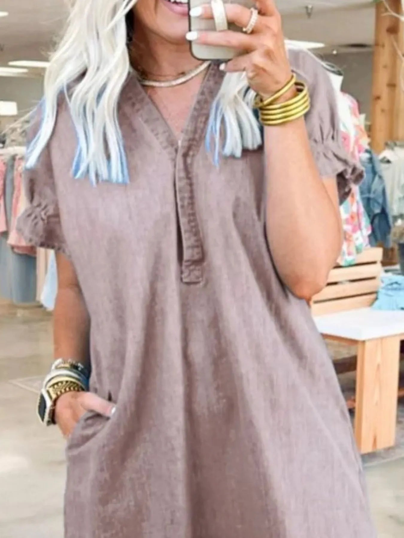 Full Size V-Neck Short Sleeve Denim Dress Plus Size OutfitFlow