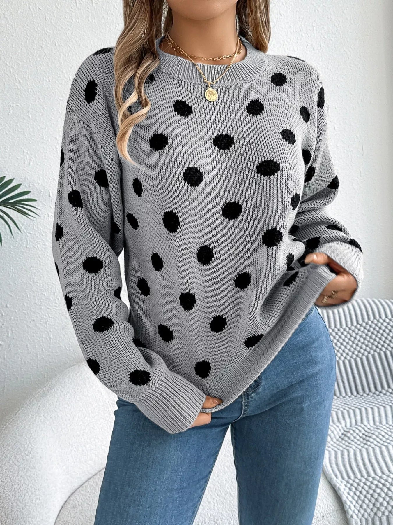 Polka Dot Round Neck Sweater Gray OutfitFlow