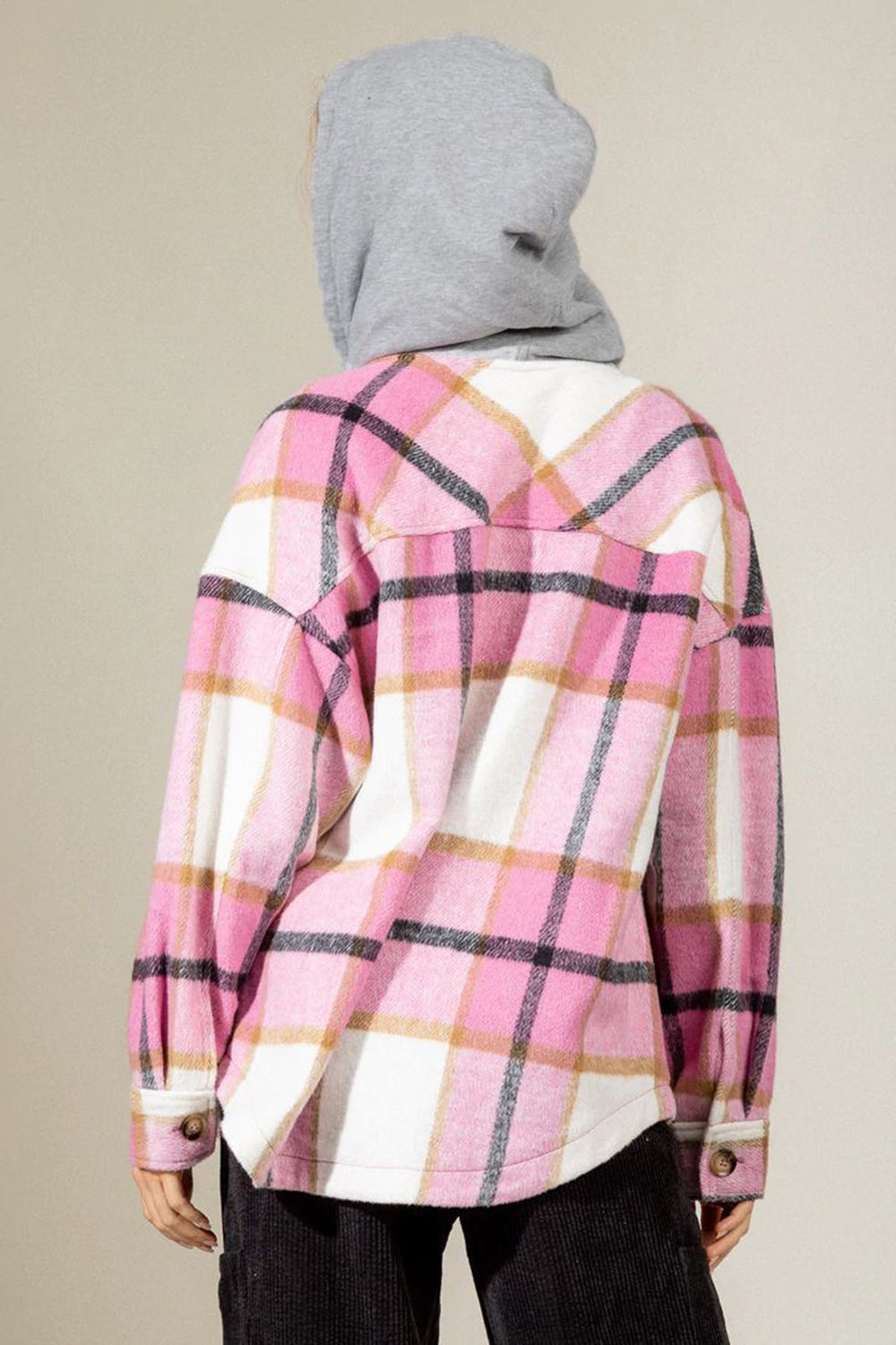 Outfit Flow - Drawstring Plaid Dropped Shoulder Hooded Jacket