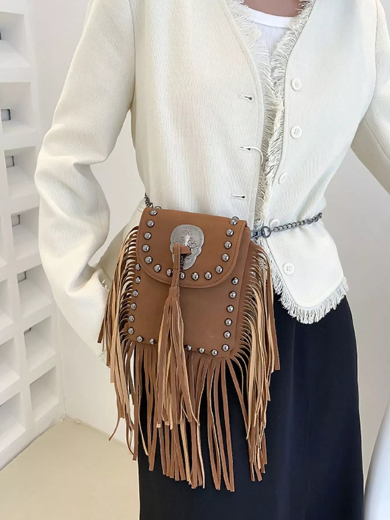 Fringe Rivet Decor Crossbody Bag OutfitFlow