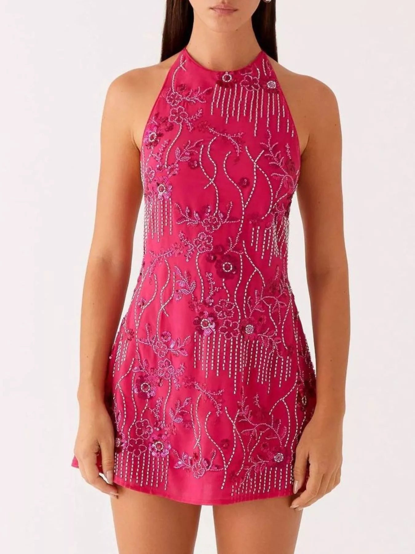 Backless Embroidered Halter Neck Mini Dress OutfitFlow