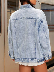 Distressed Wash Button Up Denim Jacket Trendsi