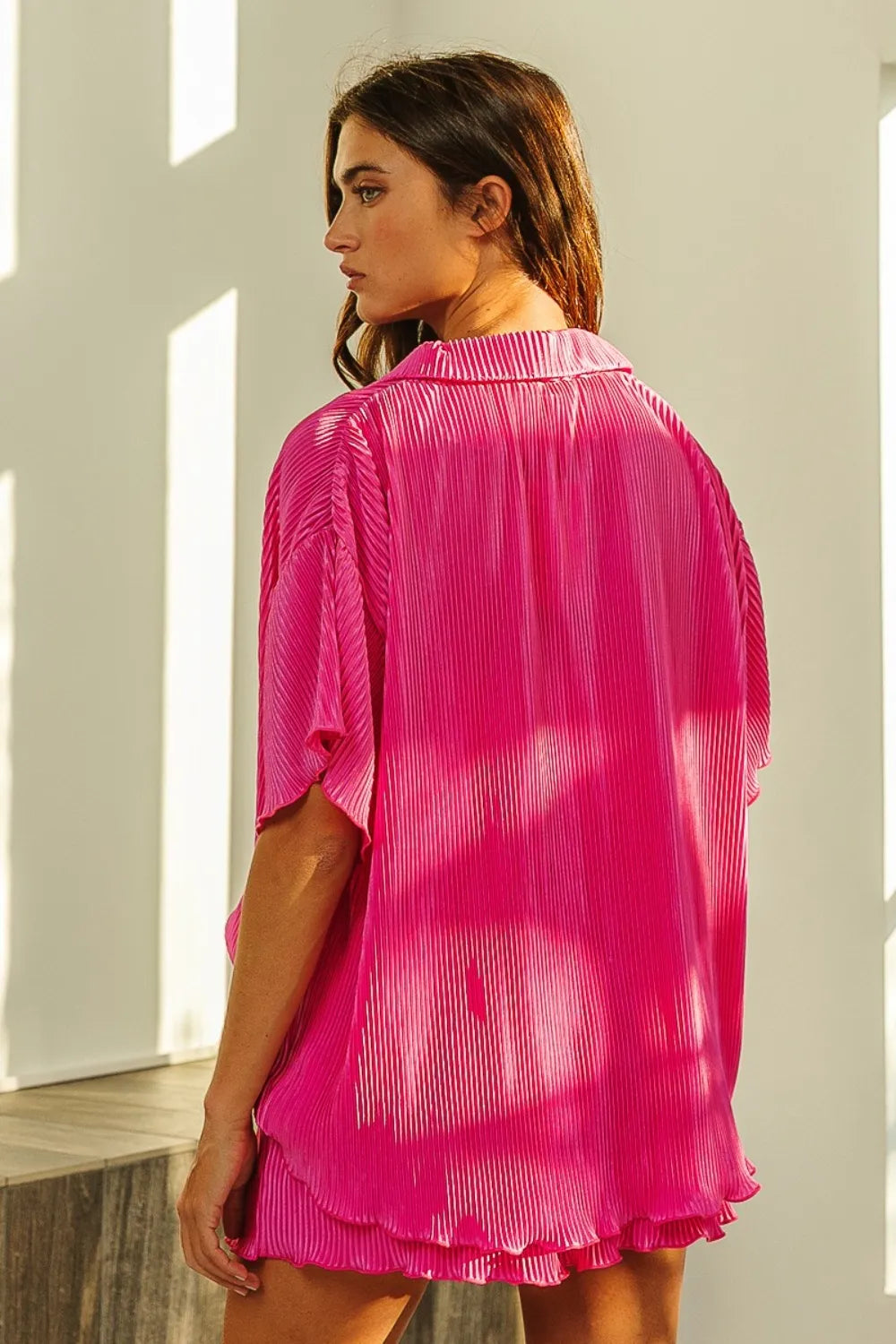 BiBi Pleated Short Sleeve Shirt and Shorts Set OutfitFlow
