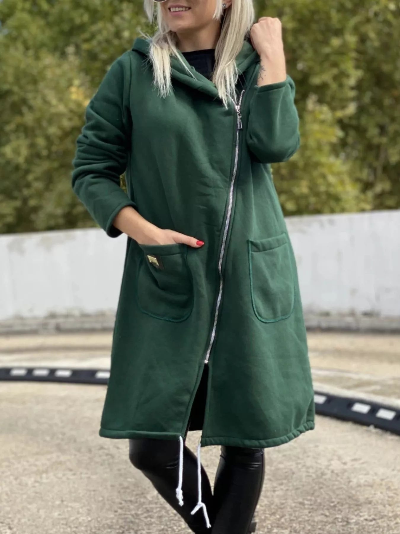 Full Size Asymmetrical Zip-Up Hooded Fleece Outerwear Plus Size Green Trendsi