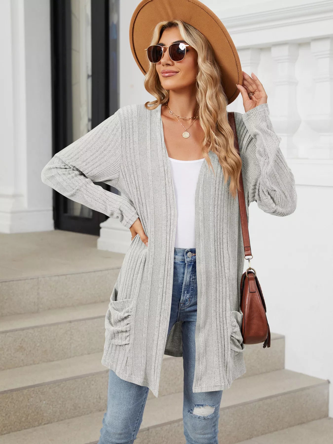 Open Front Long Cardigan Light Gray OutfitFlow