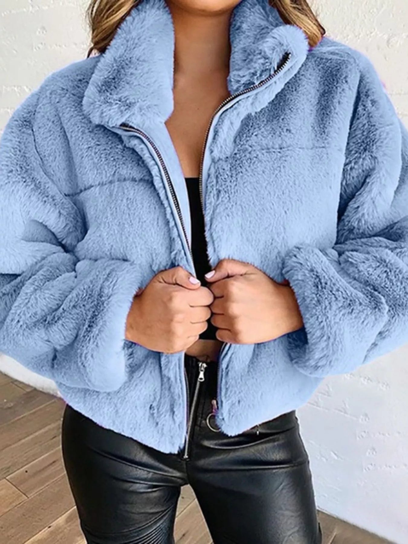 Full Size Faux Fur Cropped Zip-Up Jacket Plus Size Blue Trendsi
