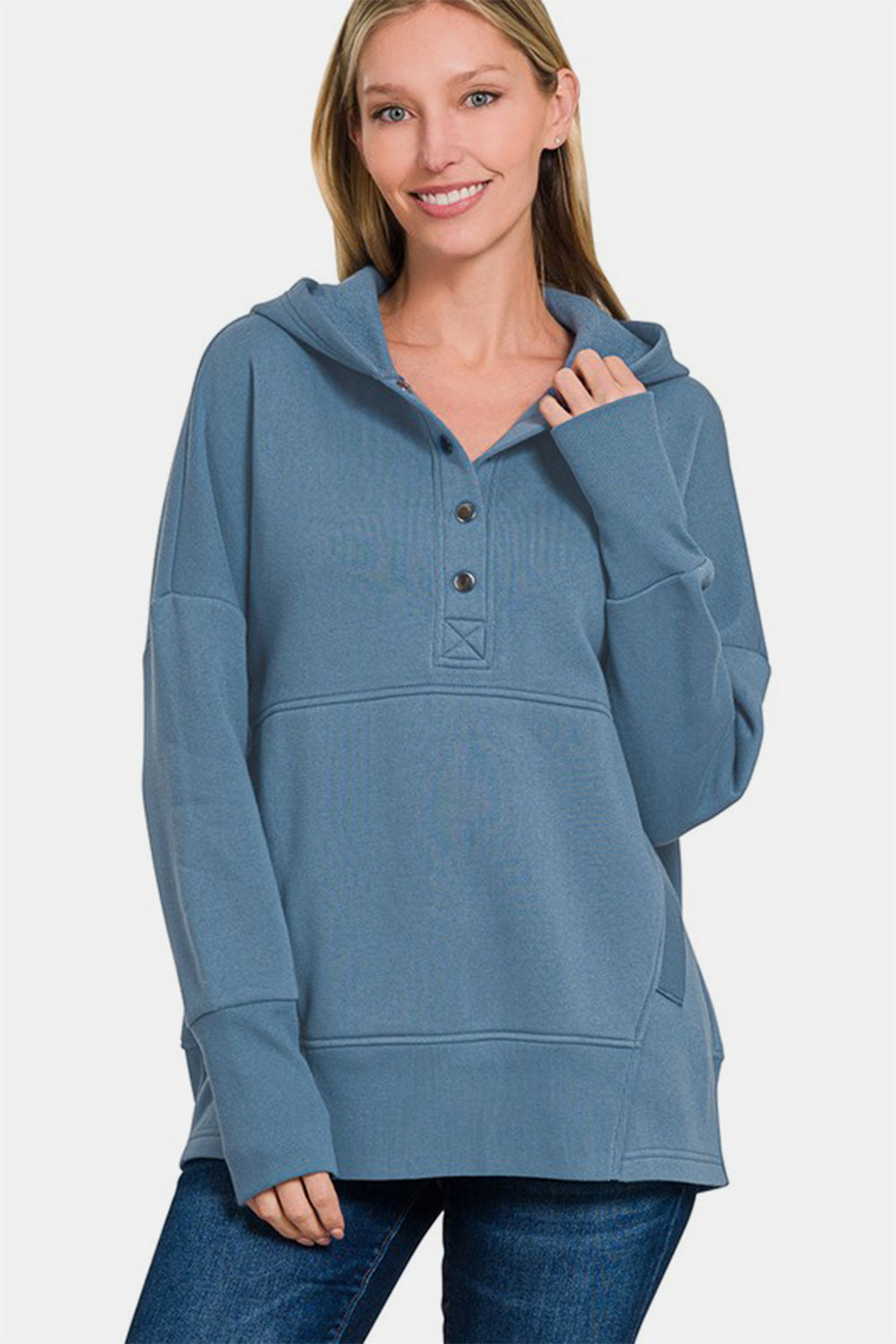 Outfit Flow - Zenana Half Snap Long Sleeve Hoodie with Kangaroo Pocket