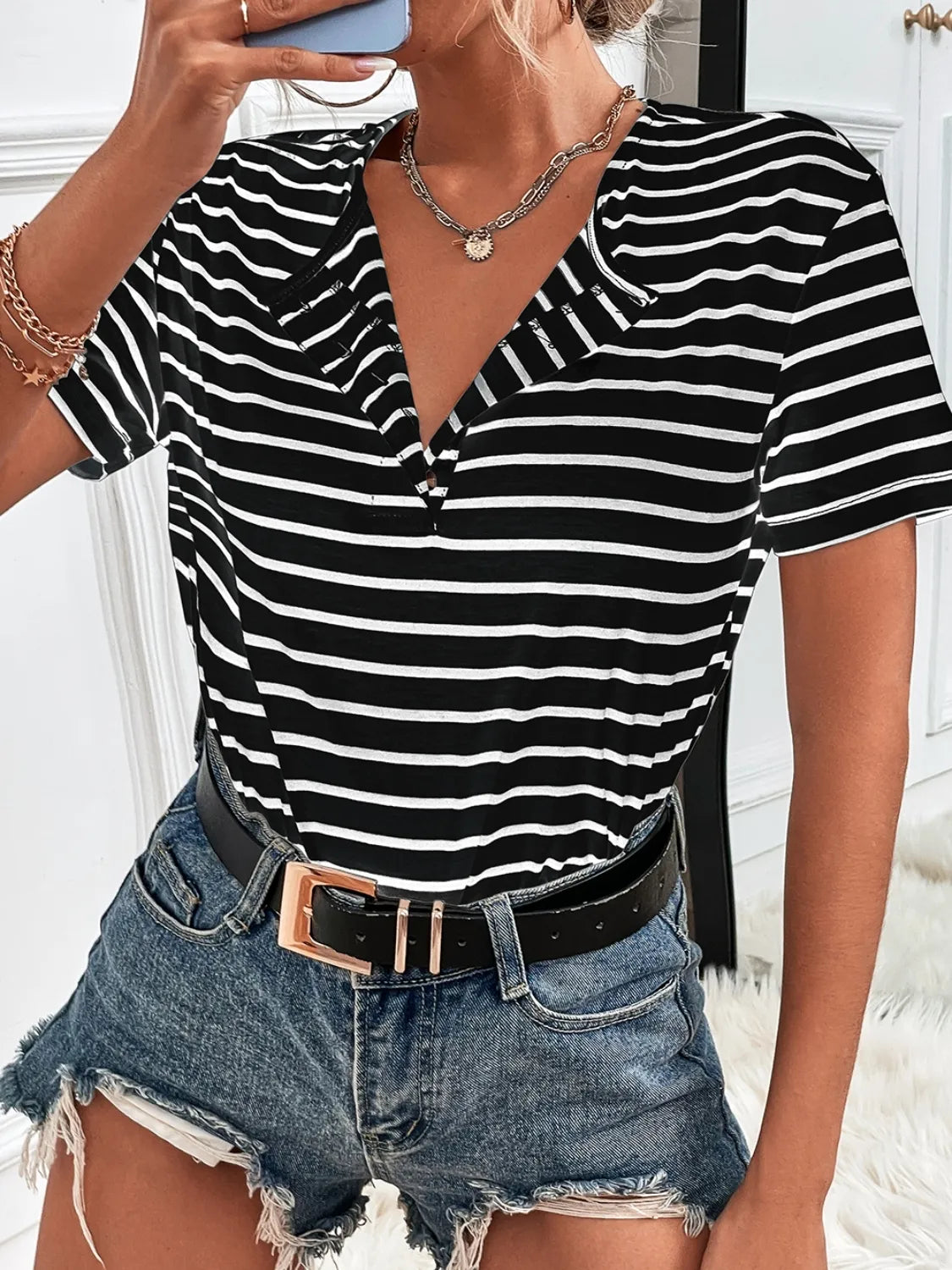 Striped Short Sleeve Top Black OutfitFlow