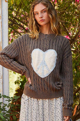 Outfit Flow - POL Cable-Knit Peace Patch Dropped Shoulder Sweater