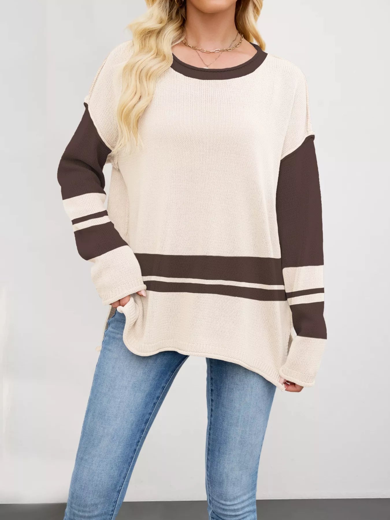 Color Block Side Slit Sweater OutfitFlow