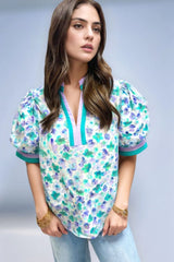 Floral Print Puff Sleeve Notched Blouse OutfitFlow