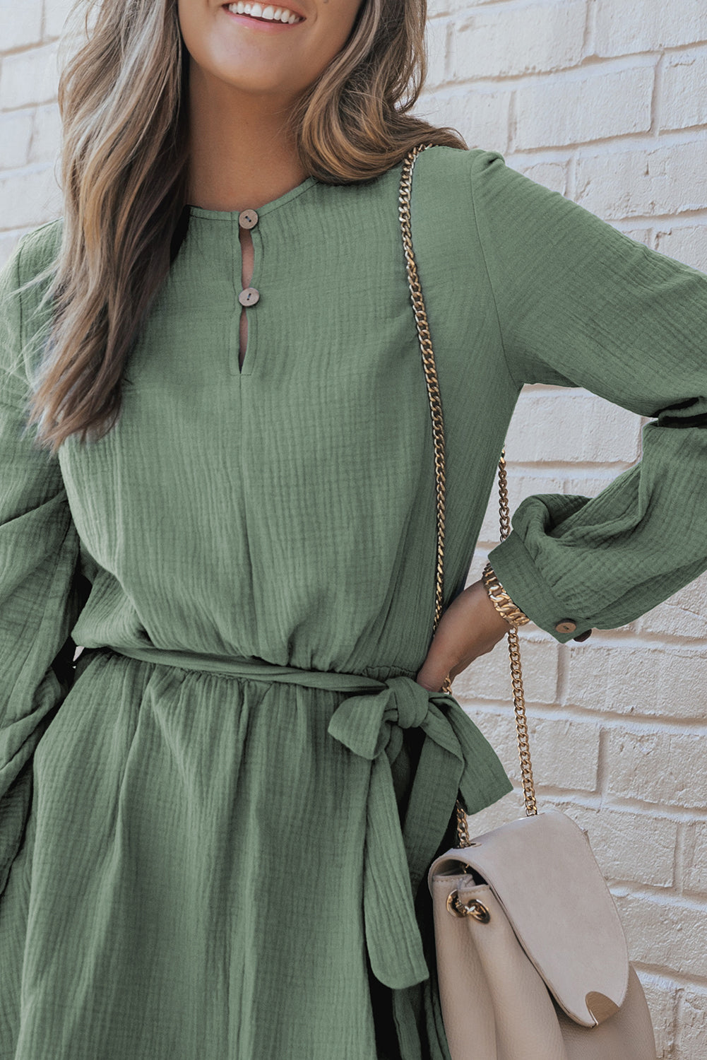 Outfit Flow - Round Neck Long Sleeve Tie Waist Dress