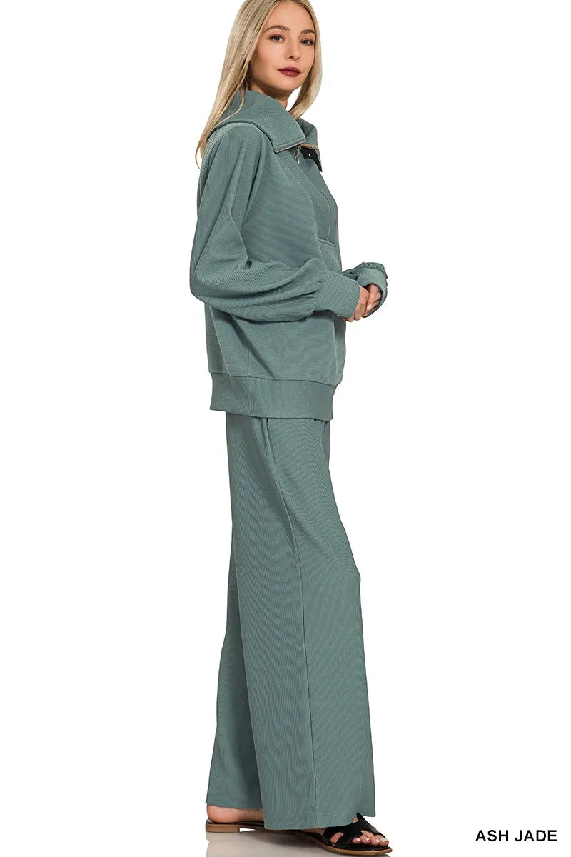 Zenana Ribbed High Neck Half Zip Pullover & Pants Set Trendsi