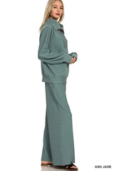 Zenana Ribbed High Neck Half Zip Pullover & Pants Set Trendsi