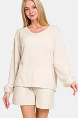 Zenana V-Neck Long Sleeve Ribbed Top and Shorts Set Beige OutfitFlow