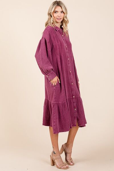 Mittoshop Mineral Wash Cotton Gauze Ruffle Midi Shirt Dress OutfitFlow