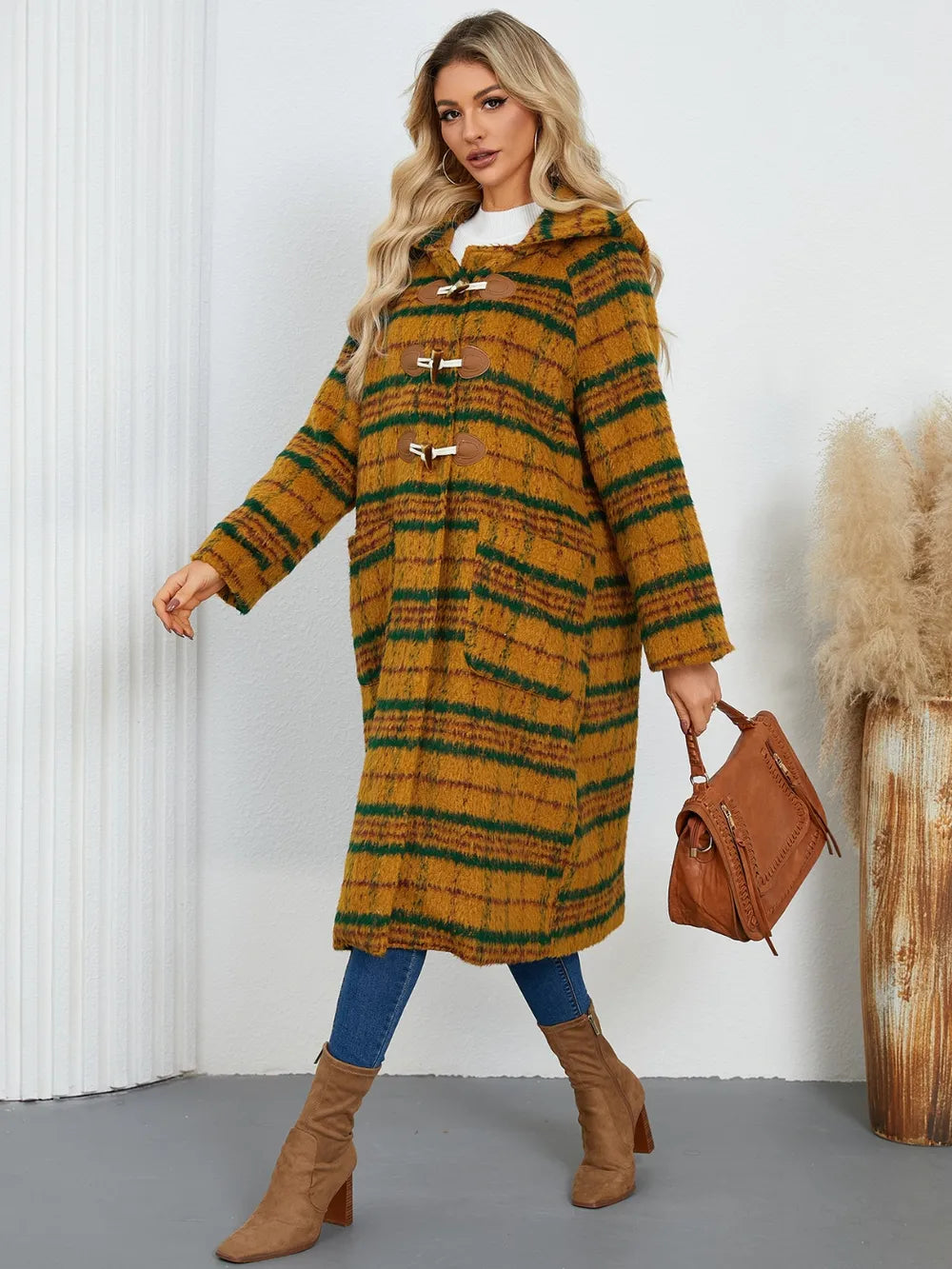 Plaid Long Sleeve Hooded Coat with Pockets OutfitFlow