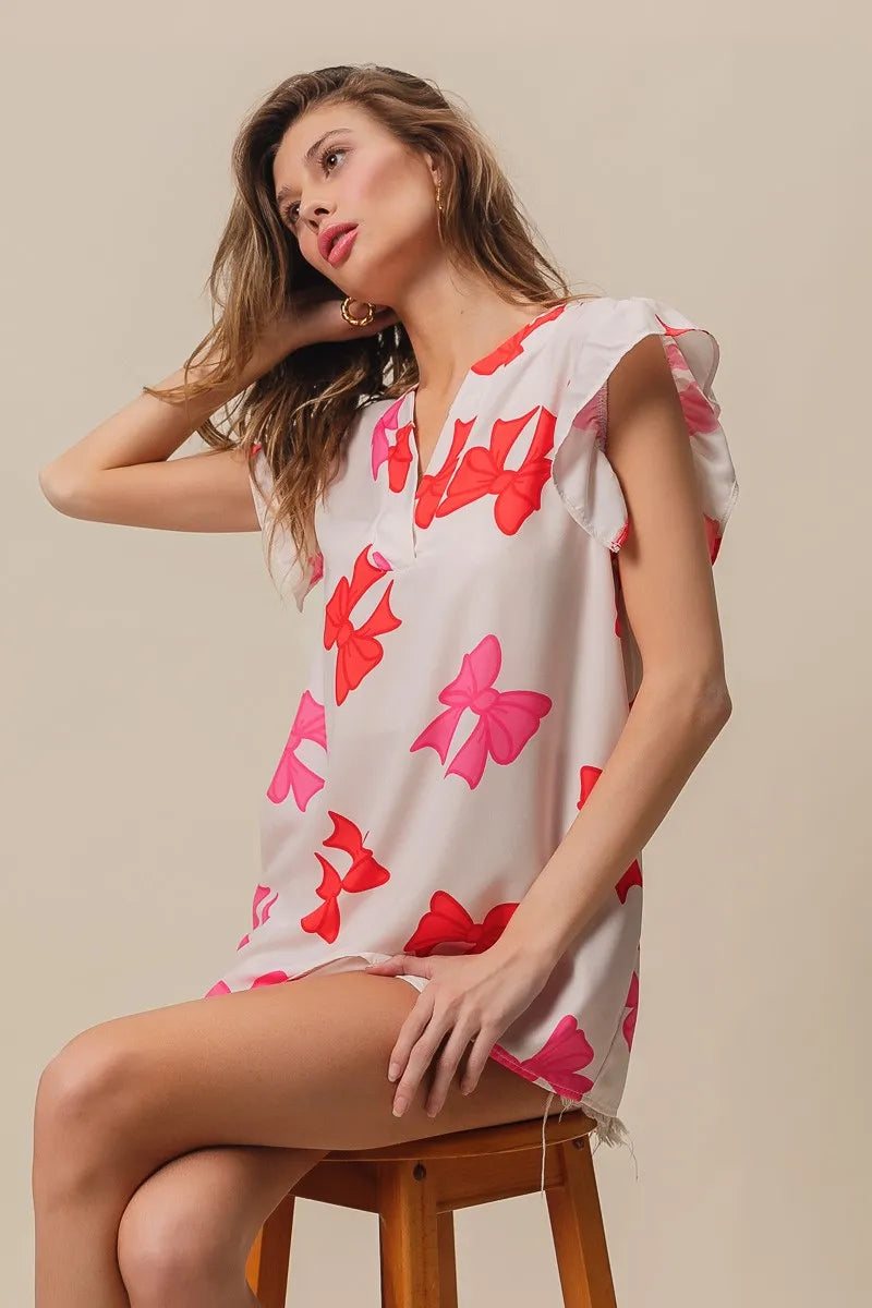 BiBi Bow Printed Woven Ruffled Sleeves V Neck Top OutfitFlow