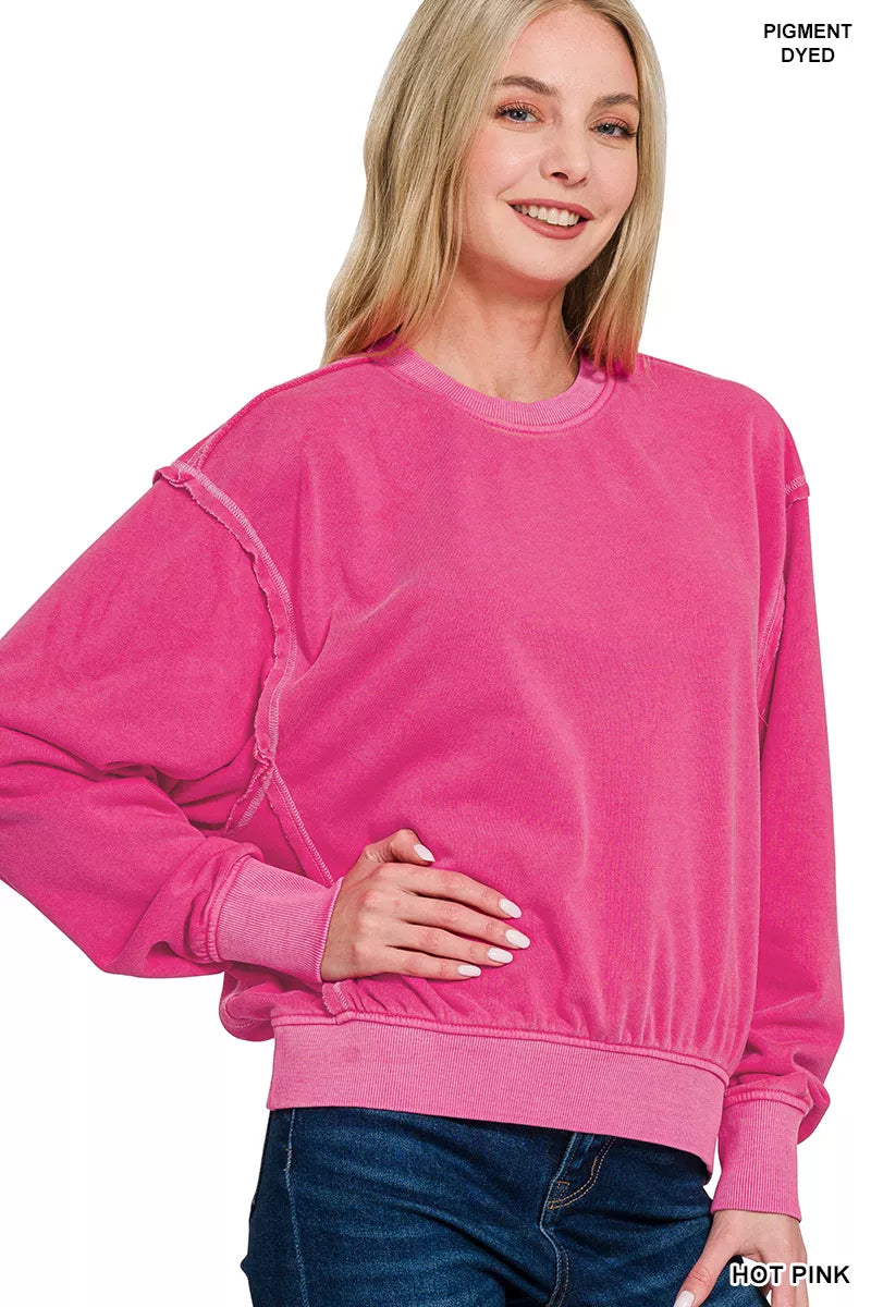 Zenana Soft Fleece Pigment Dye Round Neck Pullover Trendsi