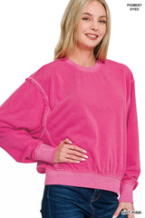Zenana Soft Fleece Pigment Dye Round Neck Pullover Trendsi