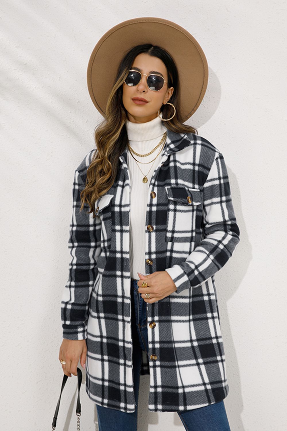 Shiny Plaid Collared Longline Coat Black Trendsi