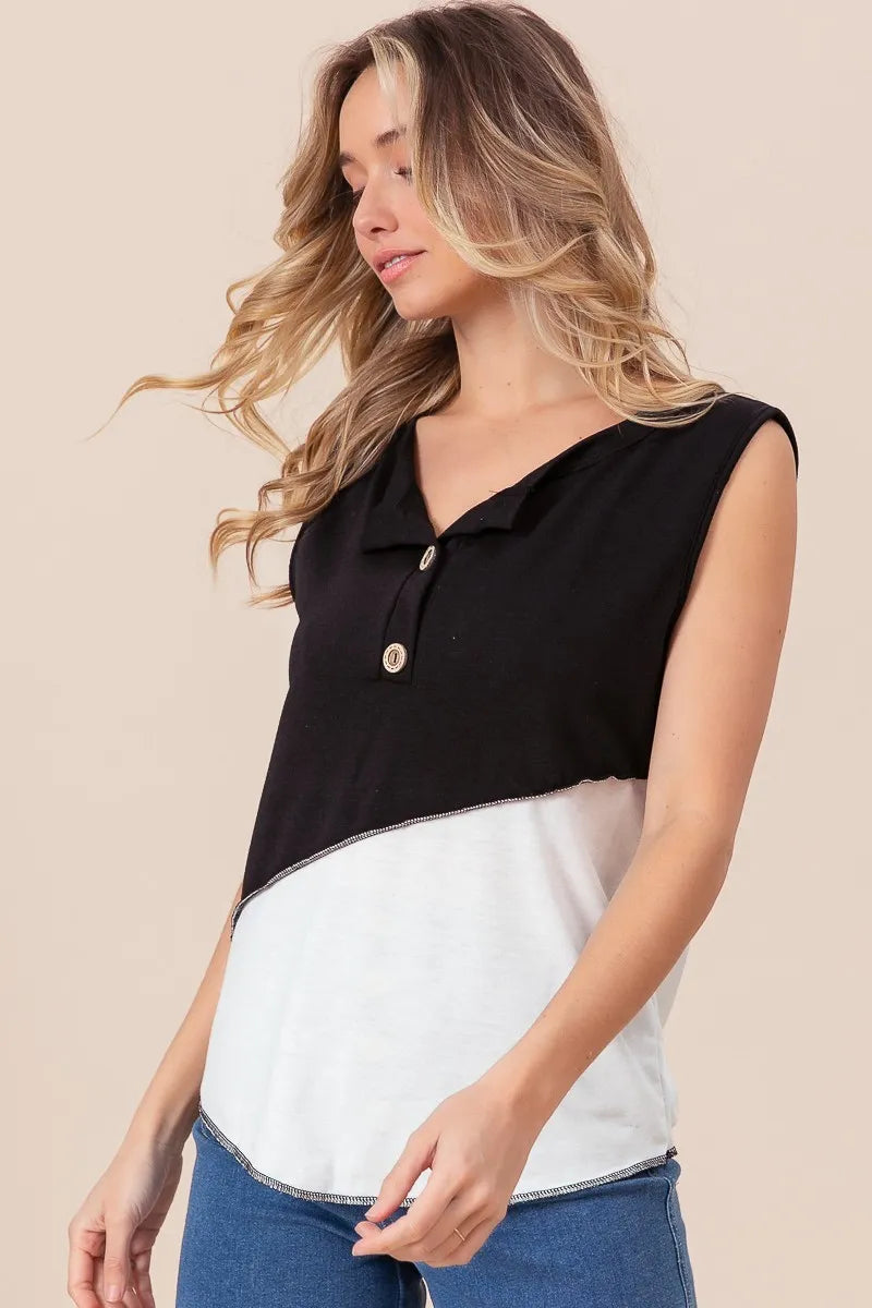 BiBi Color Block Contrast Stitching Buttoned Henley Top OutfitFlow
