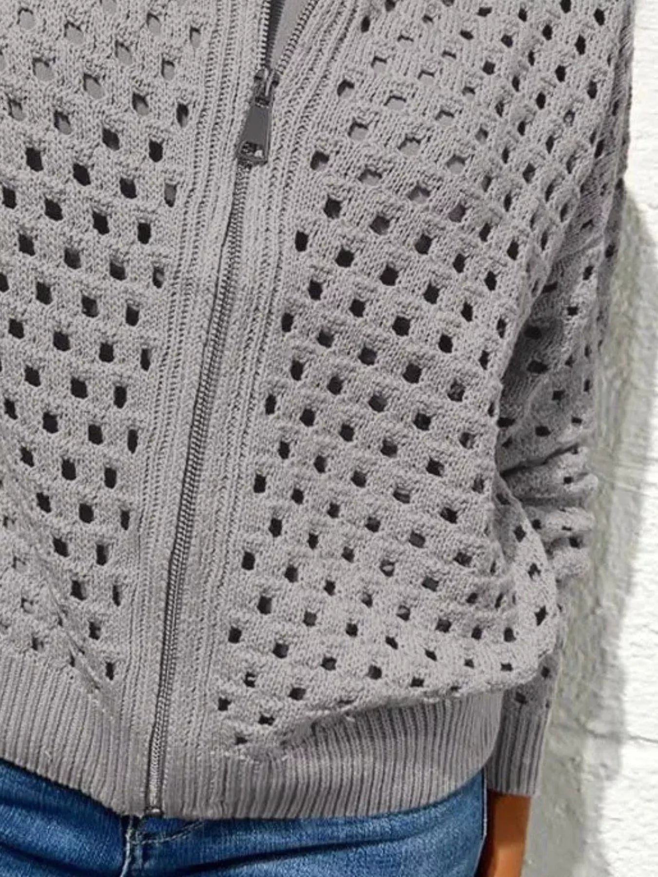 Full Size Zip Up Long Sleeve Cardigan with Eyelet Detail Plus Size OutfitFlow