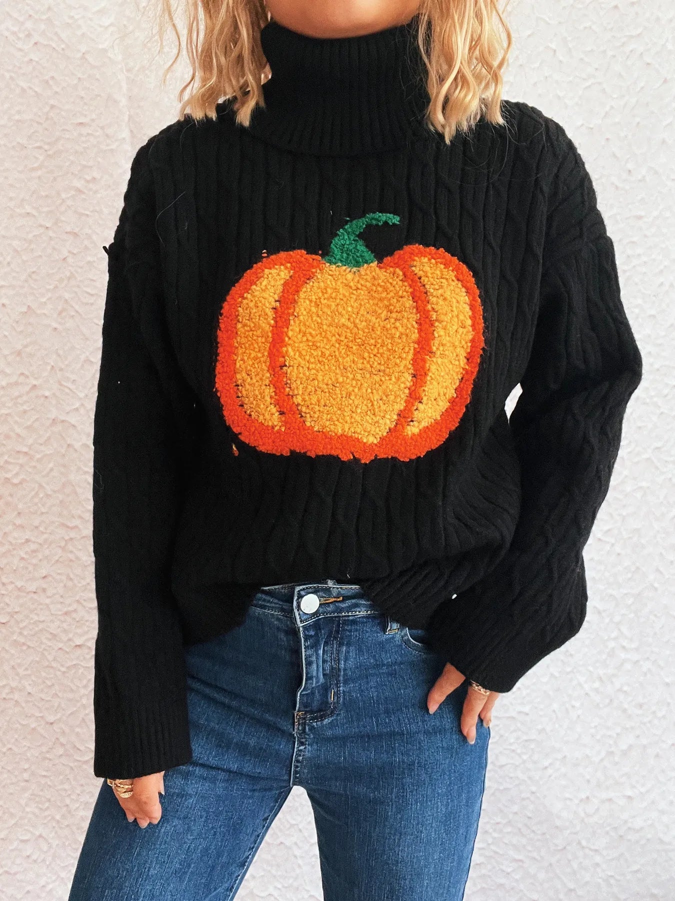 Pumpkin Turtleneck Long Sleeve Sweater OutfitFlow