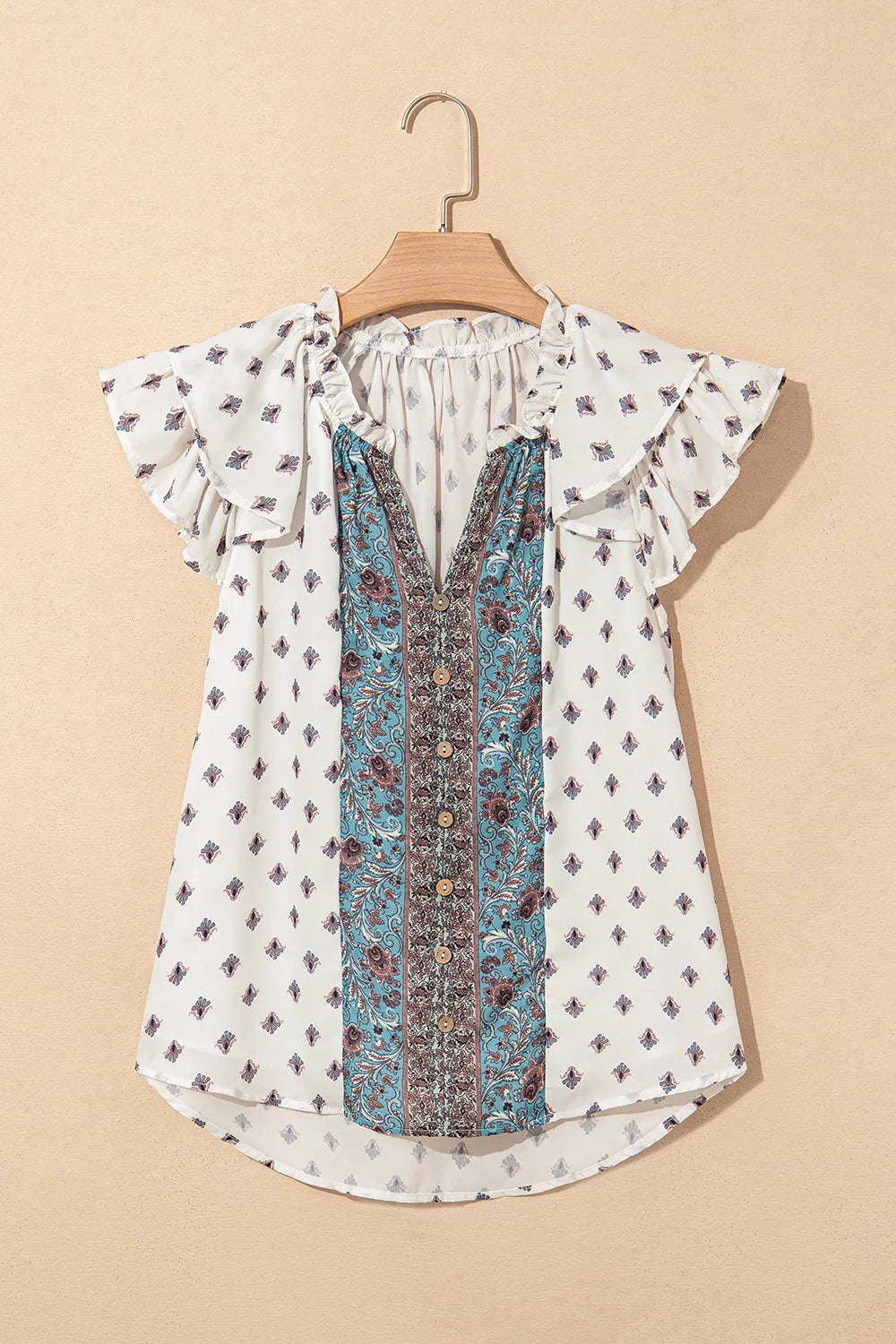 Boho Pattern Tiered Ruffled Sleeve V Neck Buttoned Blouse OutfitFlow