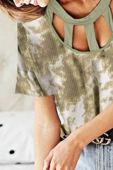 BiBi Tie Dye Print Waffle Top with Contrast Caged Neck OutfitFlow