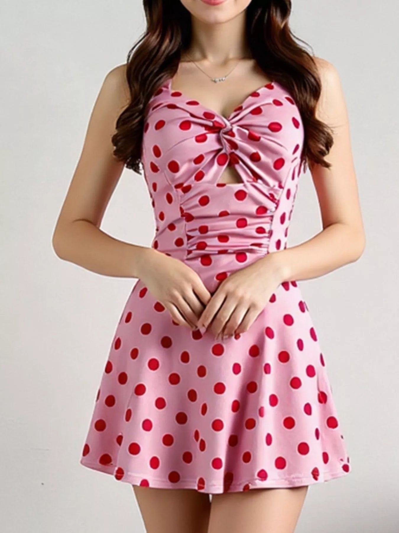 Polka Dot Halter Neck Twisted Front Mini Dress OutfitFlow