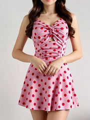 Polka Dot Halter Neck Twisted Front Mini Dress OutfitFlow
