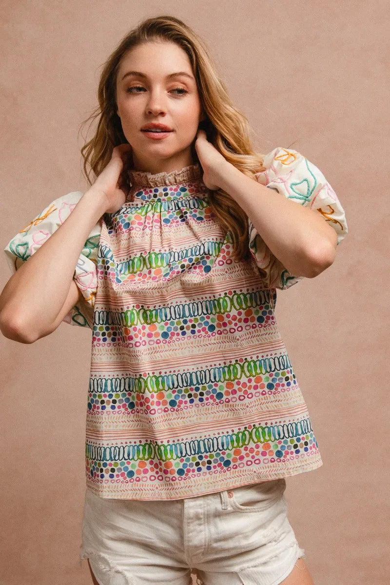 BiBi Ruffle Neckline Blouse With Embroidery Bubble Sleeve OutfitFlow