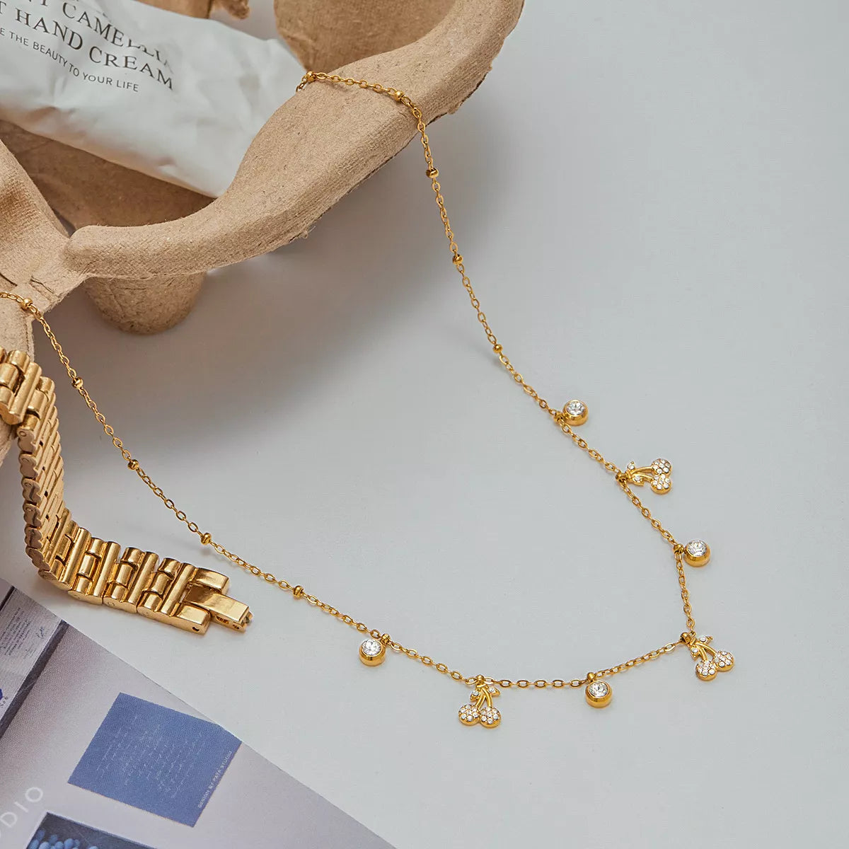 18K Gold-Plated Zircon Cherry Necklace OutfitFlow